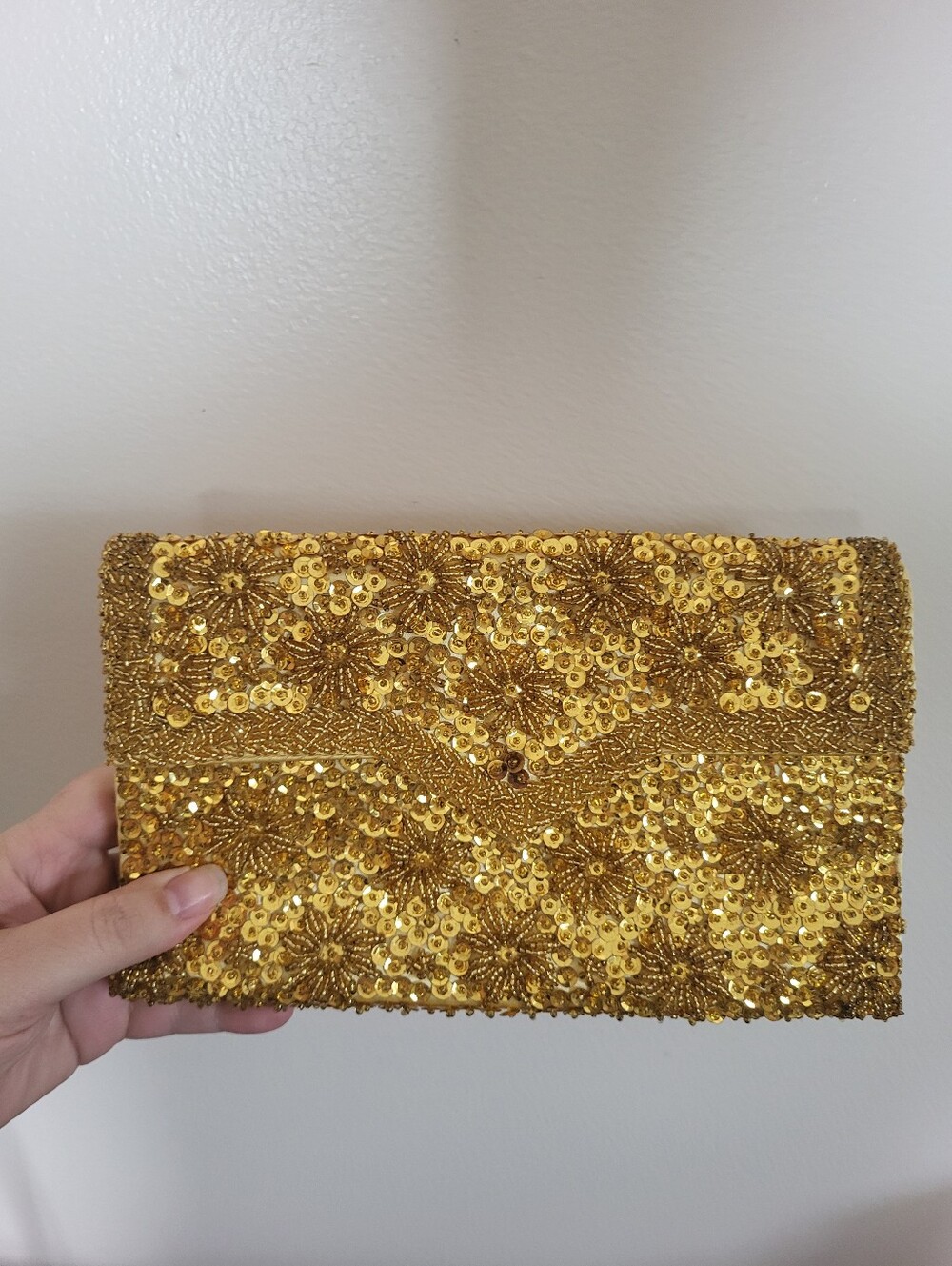 Vintage Richere Gold Sequin Beaded Clutch Bag Hong Kong 1960s